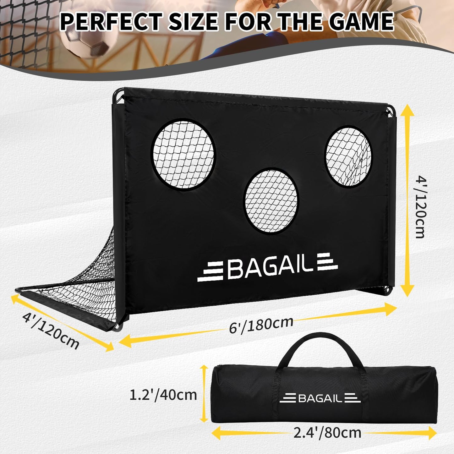 BAGAIL Upgraded Soccer Goal with Target, 2-In-1 Designed, Football Goal, Portable Carry Bag, Easy to Set up, Ideal for Garden Shooting Training and Recreational Matches, 180x120cm