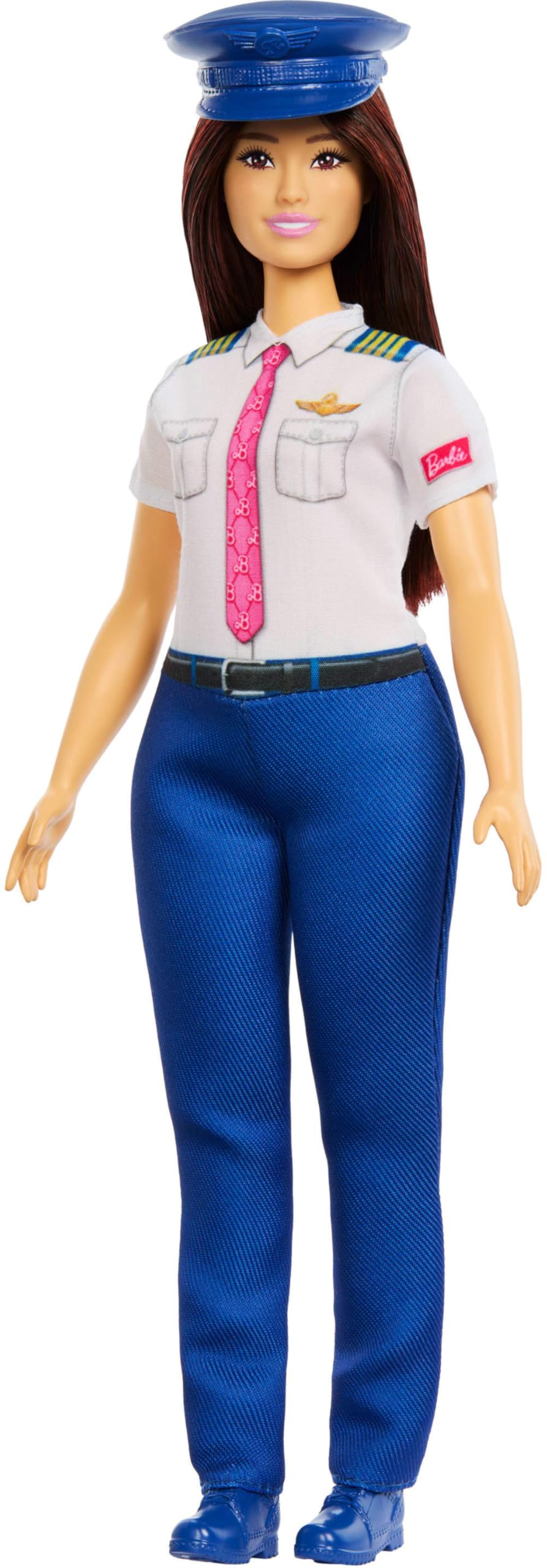 Barbie Careers Pilot Fashion Doll in flight uniform with shoes and hat accessory, showcasing her pilot outfit and accessories.