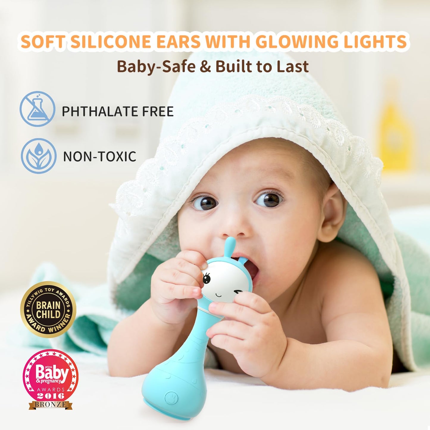 Alilo Smarty Bunny baby rattle toy with colorful modes, musical sounds, and teething features for infants 0-24 months.