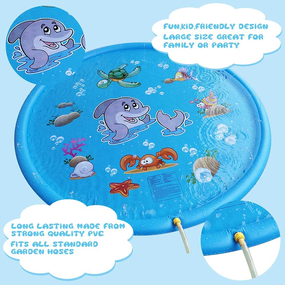 KAHEIGN 170CM Splash Water Play Mat Dolphin Tortoise Starfish Shell Crab Pattern Sprinkler Pad Summer Garden Outdoor Spray Water Toys for Kids Pets Family Activities