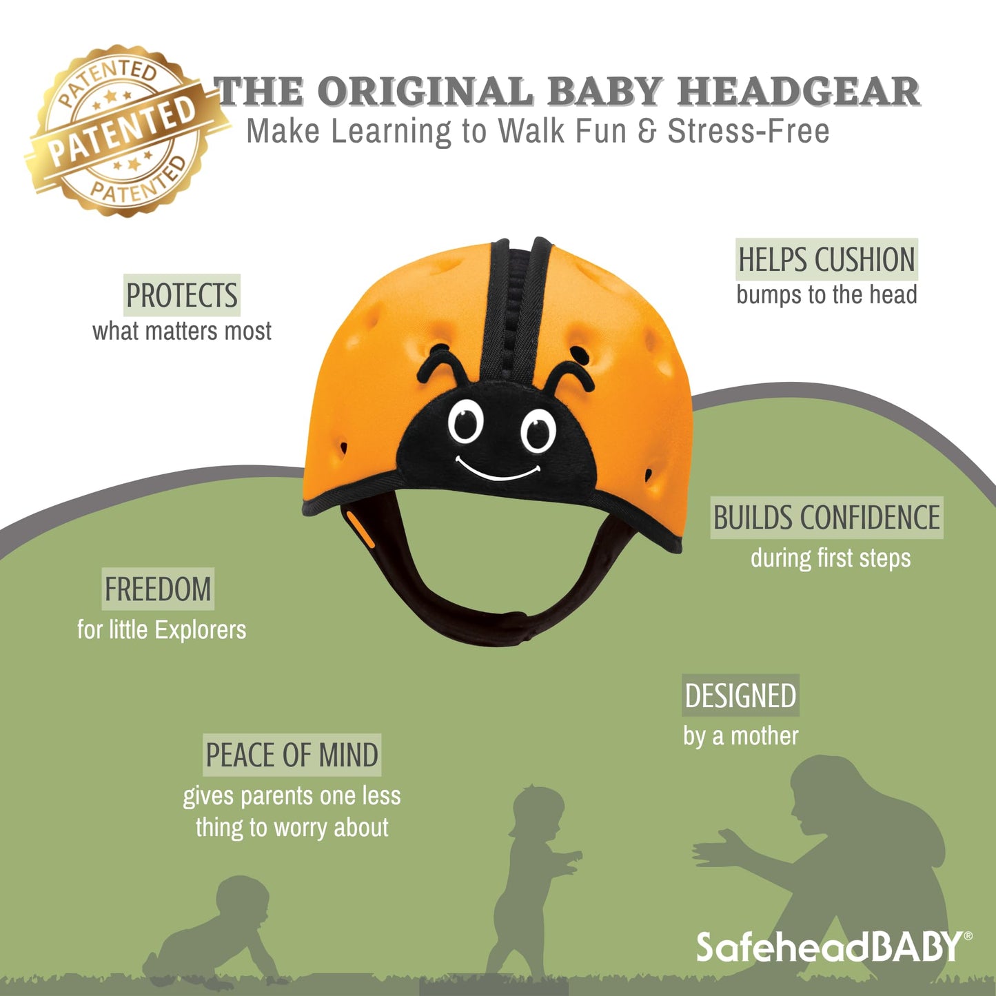 SafeheadBABY Award-Winning Infant Safety Helmet Baby Helmet for Crawling Walking Ultra-Lightweight Baby Head Protector Expandable and Breathable Toddler Head Protection Helmets - Ladybird Orange