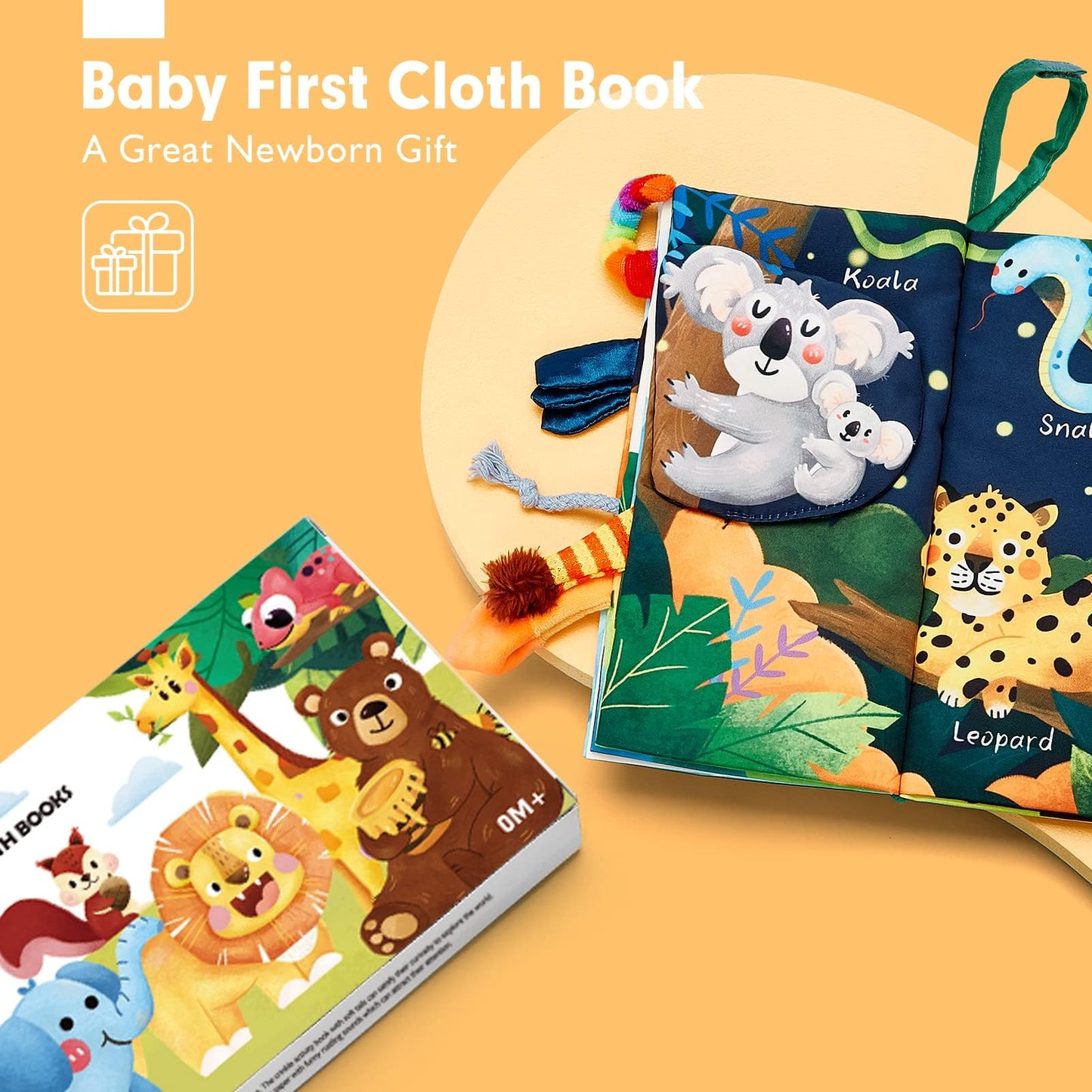 Soft jungle-themed sensory book by hahaland for babies, featuring crinkle paper and touch-and-feel elements.