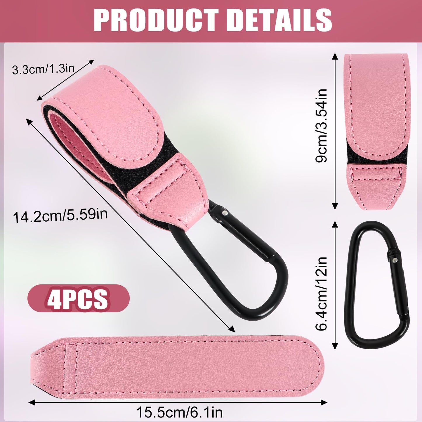 Pink 4-pack leather bugaboo clips for prams and strollers, universal rocker clips for bags, backpacks, and shopping carts by HaoHanEup