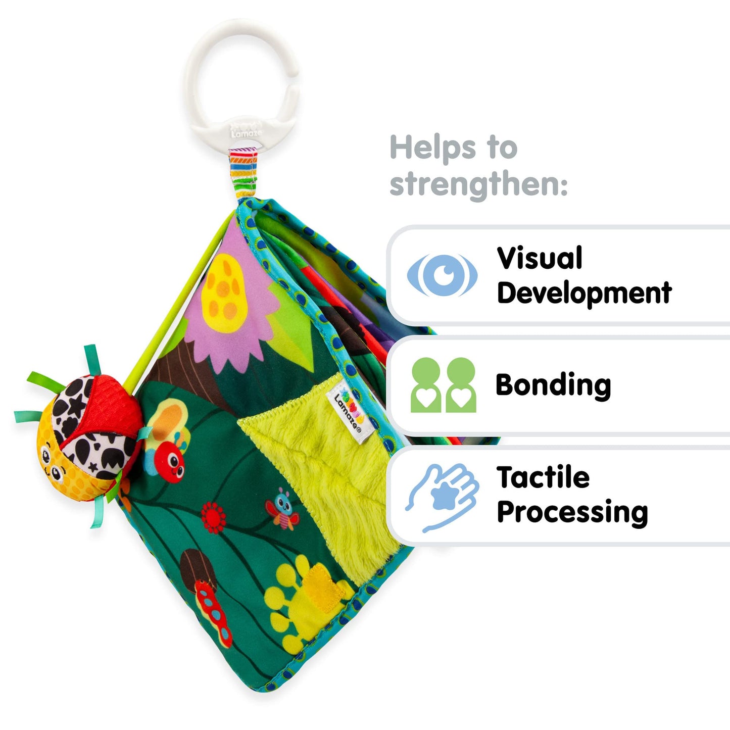 LAMAZE Bitty Bug Book sensory toy clipped to a baby’s pram, featuring colorful pages and sound features for newborn development.