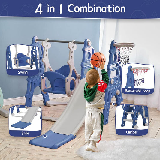 FUKEA Kids Slide, Large 4 in 1 Toddler Slide, Climber & Swing Set with Basketball Hoop, Garden Climbing Frames, Slide for Children Age 1-3 Indoor & Outdoor, for Kids (Blue)