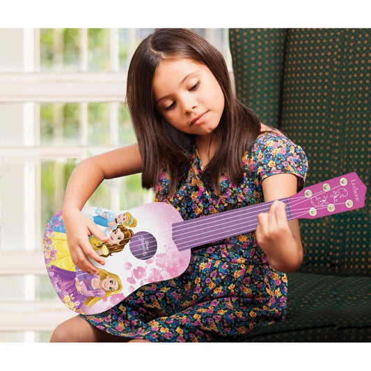 Pink Disney Princess My First Guitar by Lexibook with 6 nylon strings, 21 inches long and included guide for children.