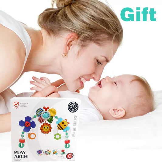Colorful baby play arch crib toy by DigHealth with hanging rattles, suitable for strollers, car seats, and pushchairs for newborns.
