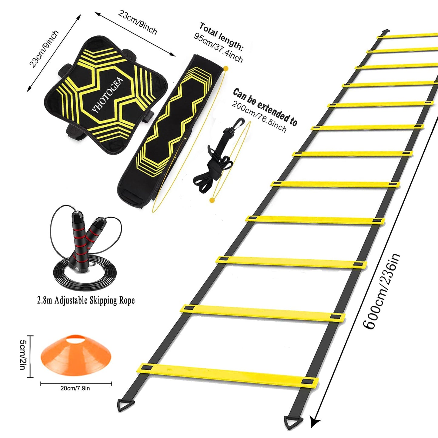 YHOTOGEA Football Training Equipment for Kids, Speed Agility Training Set, Agility Ladder 12 Rung 6M, Football Kick Trainer, 12 Disc Cones, Skipping Rope, Football Training Kit for Soccer Training