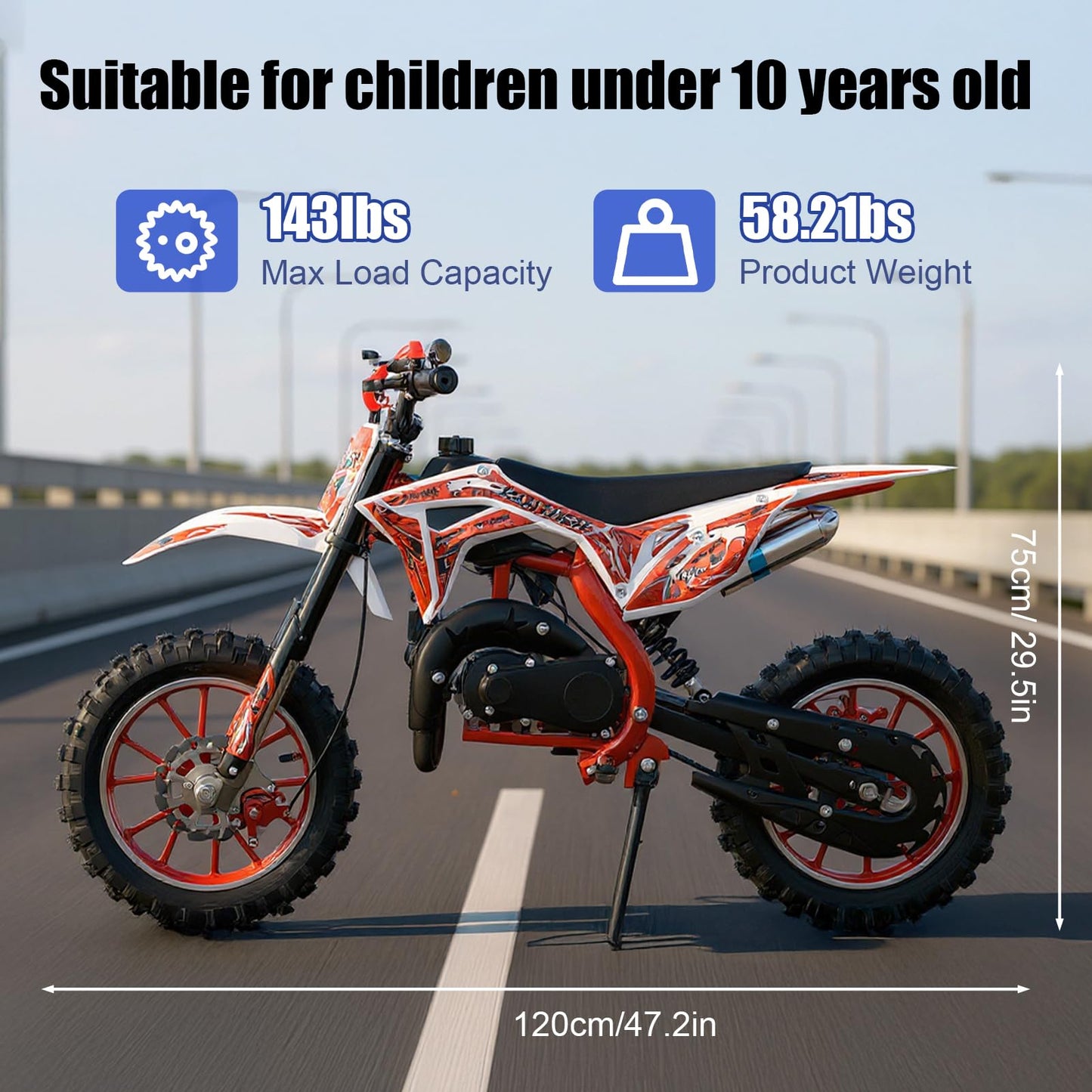 49cc Kids Dirt Bike, 2-Stroke Dirtbike, 40KM/H Gas Power Motocross, Off Road Mini Motorcycle with Front Rear Disc Brakes, Mini Dirt Bike for Kids 5-15 Years Old 5-star quality