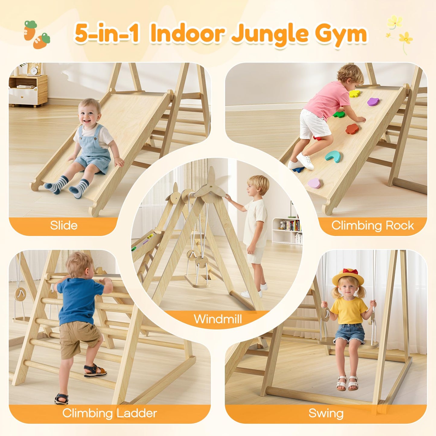 5 in 1 Indoor Jungle Gym,Foldable Wooden Climbing Set with Swing, Slide, Ladder and Climbing Wall,Montessori Philosophy Climber Playset for Kids