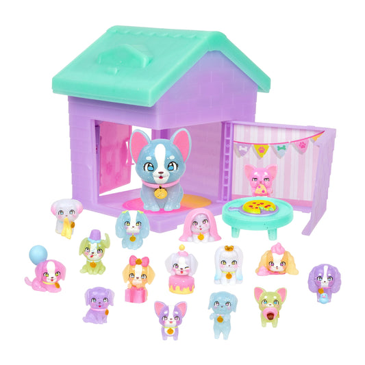 Little Live Pets Mama Surprise Families - Puppy Party Pack, Collect 15 Mini Collectible Puppies and Mama Pup, Fold-Out Playset with Mama's House, Over 80 Puppies to Collect, Fun Gift for Kids
