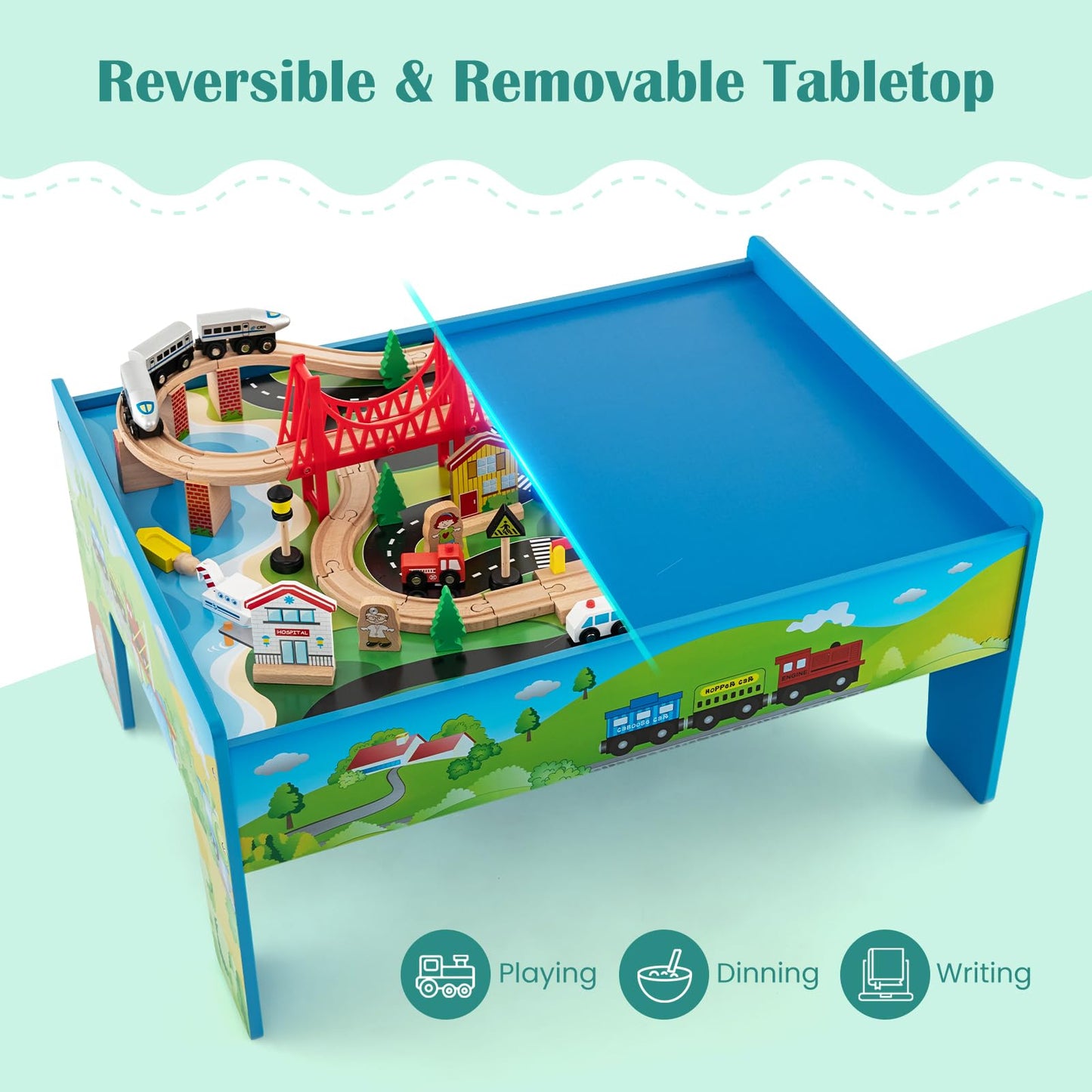 COSTWAY Train Track Set and Table, Wood Kids Play Tables with Abundant Accessories, DIY Railway Activity Playset for Boys Girls