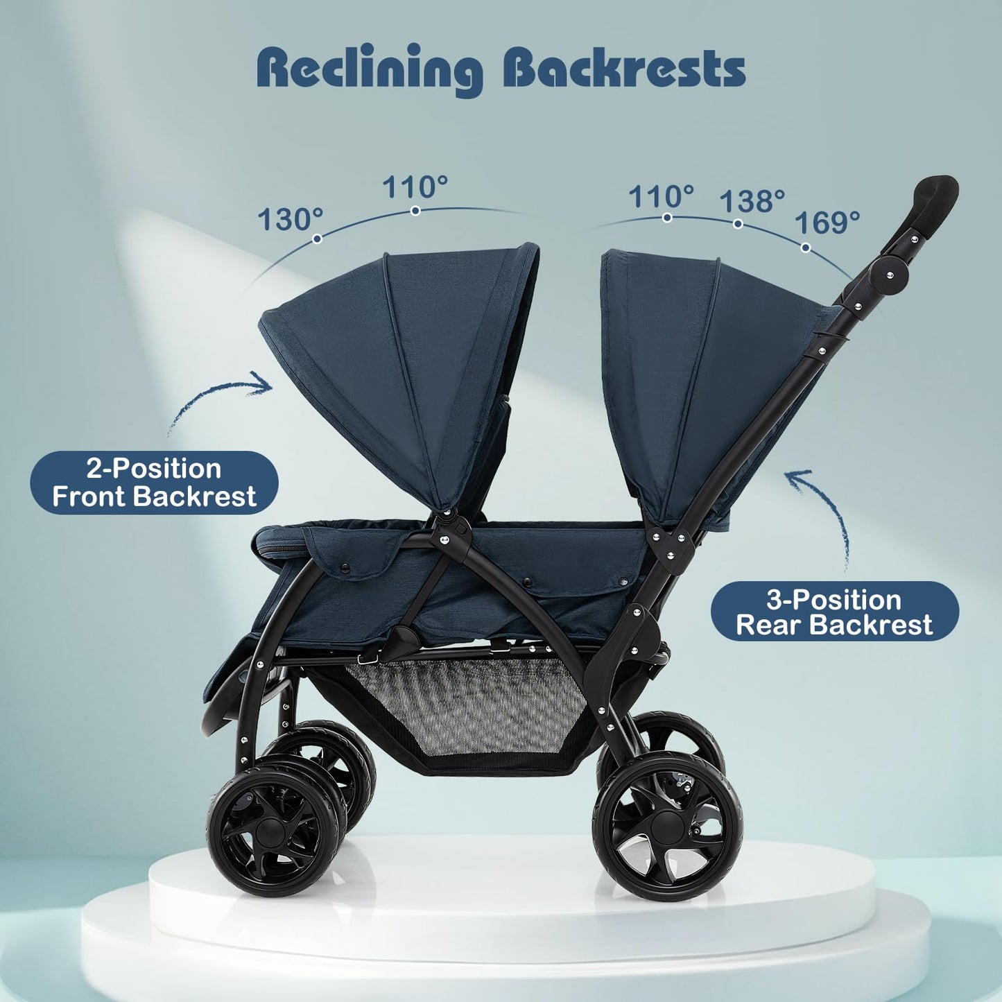 Foldable Twin Stroller, Double Baby Pushchair w/Multi-Level Backrest, Canopy, Handle & Footrest, Safety Belt & Brake System, Travel Tandem Seating Stroller w/Lockable Wheels (Dark Blue)
