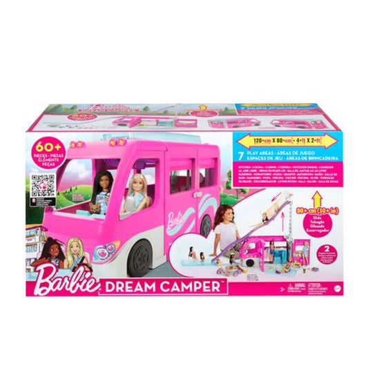 Barbie Dream Camper in pink with pool, slide, two puppies, and seven play areas for imaginative play, HCD46.