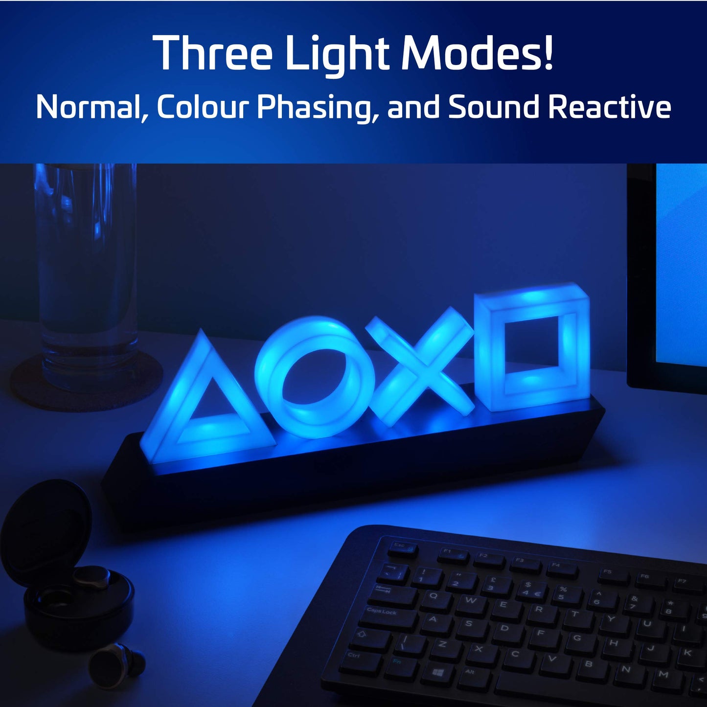 Paladone PlayStation 5 Icons Light with modes and music reactive features, ideal for gaming room decor and official PlayStation merchandise.
