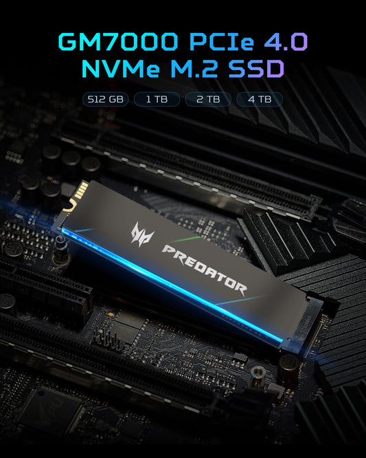 Acer Predator GM7000 1TB PCIe Gen4x4 NVMe M.2 SSD with DRAM cache, showing the internal solid state drive for gaming storage.