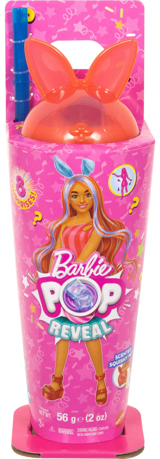 Barbie Pop Reveal Shakes Series doll with bright bunny scent, accessories, and color change surprises in vibrant packaging.