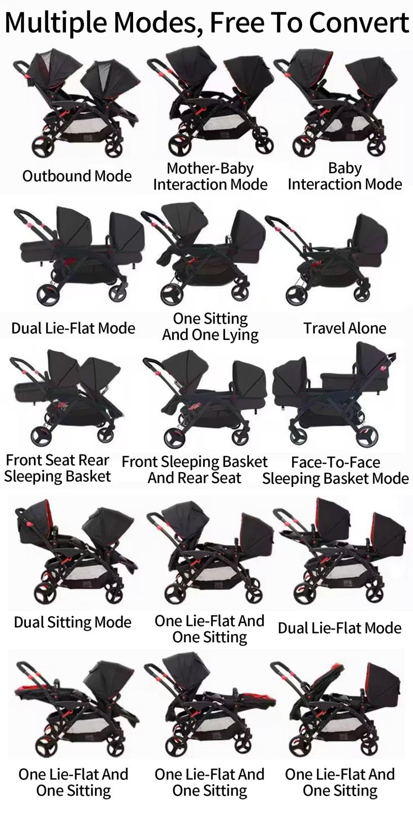 Rexhan Twin Baby Pram, 2 in 1 Foldable Double Baby Buggy, Reversible Tandem Pushchair, Twin All in One Stroller, Newborns, Toddlers, 0-4 Years, Aluminium Frame, Lightweight