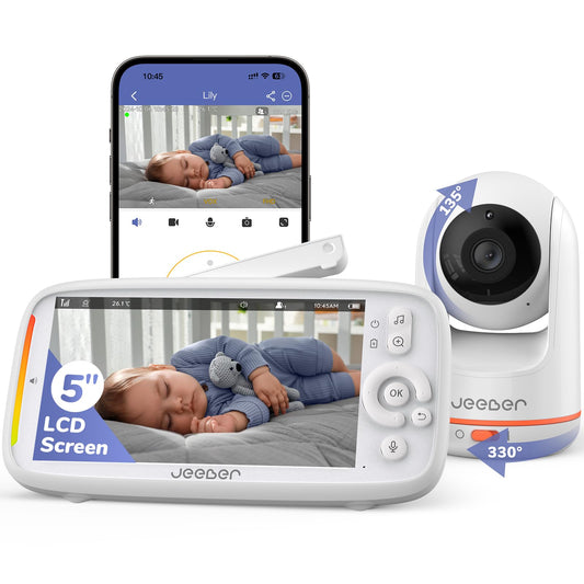 jeeber 2K Wifi Smart Baby Monitor with camera, 5'' screen, night vision, two-way talk, motion detection, and PTZ control