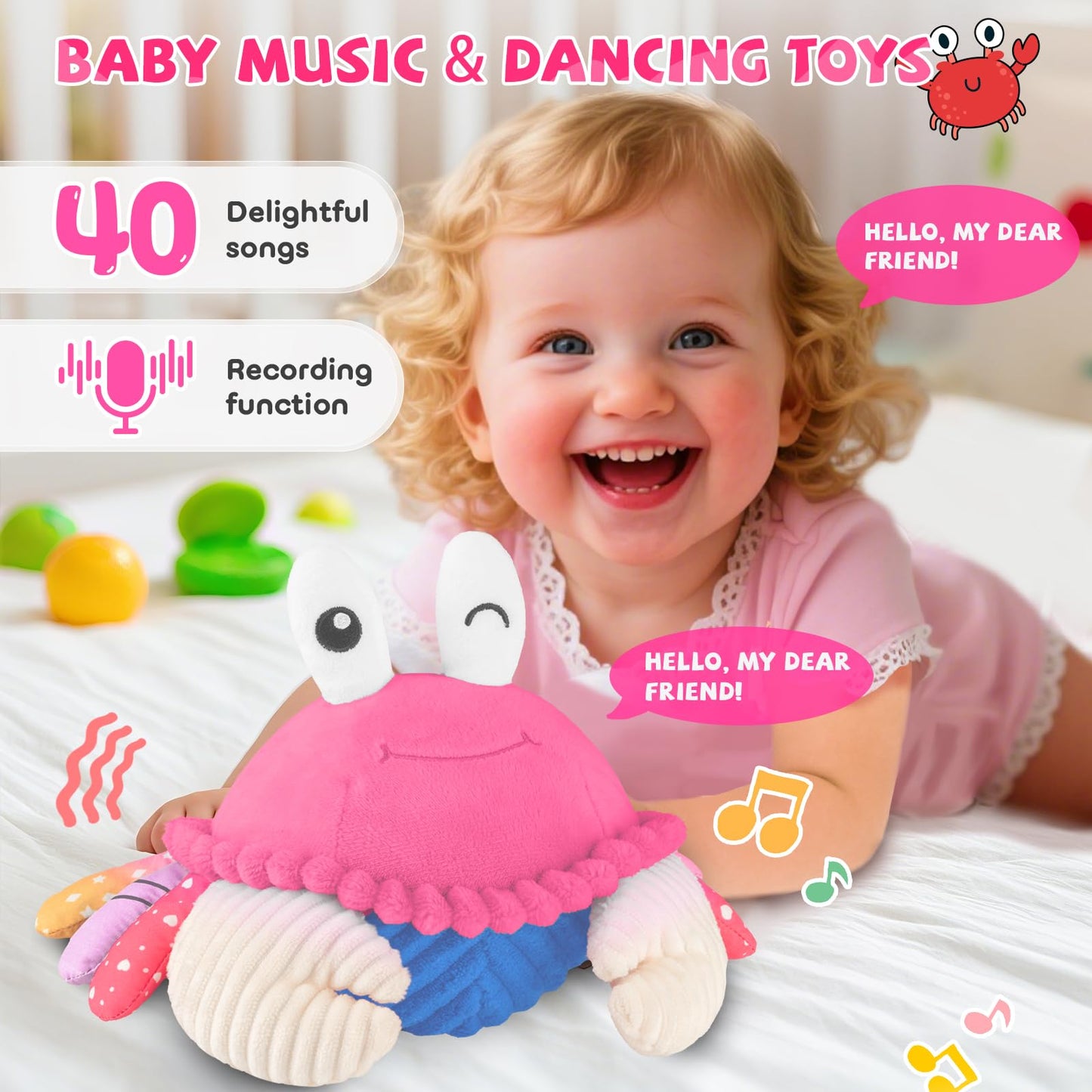SAIMAND Dancing Crab Baby Toys 6-12 Months, Musical Crawling Crab with Music, Record & Replay, Montessori Sensory Plush Tummy Time Toys for 1 2 3 Year Old Boys and Girls Gifts (Pink)