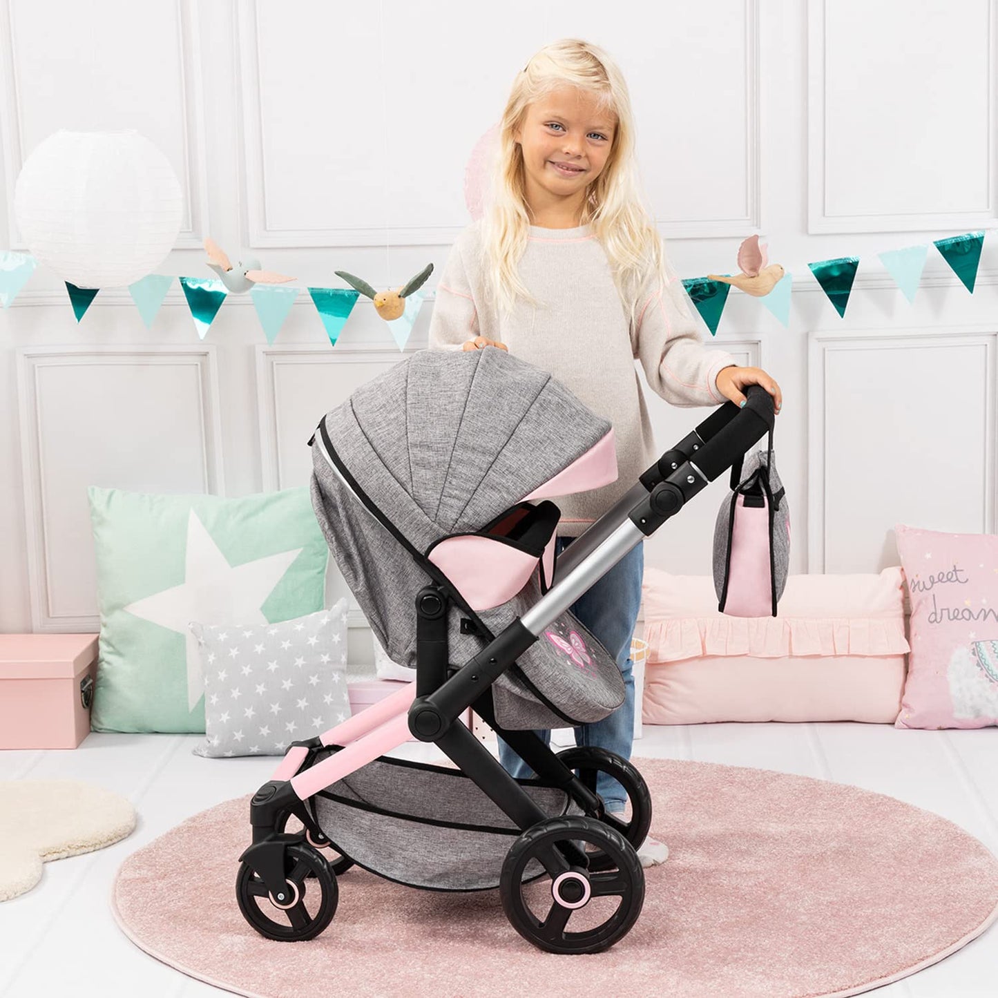 Bayer Design 17033AA Doll's pram Xeo, Stroller, Height-Adjustable, Reversible Handle, Convertible, Bag, Jeans-Grey, Pink