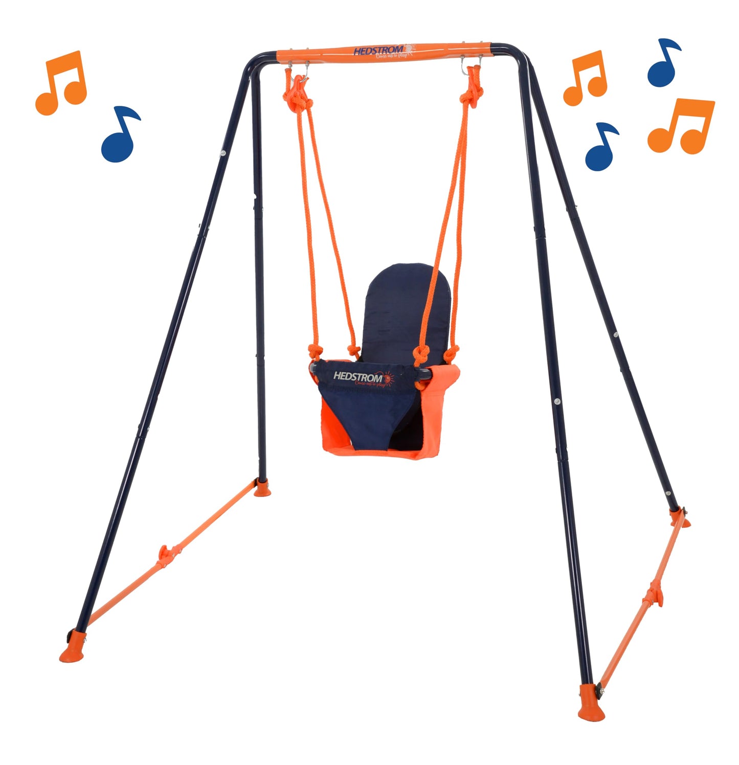 Hedstrom fast folding baby toddler swing in outdoor garden, child’s adjustable play seat for kids 6-36 months, with safety straps.