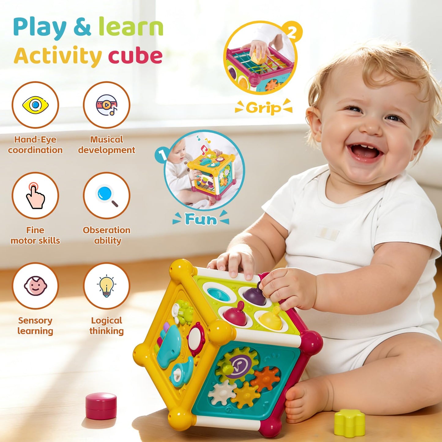 Colorful Imagibox activity cube baby toy with shape sorter, music busy board, pop-up bubbles, and sensory features for infants 6-12 months.