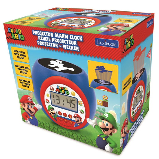 LEXIBOOK Nintendo Super Mario projector alarm clock with night light, LCD screen, snooze, and battery operation.