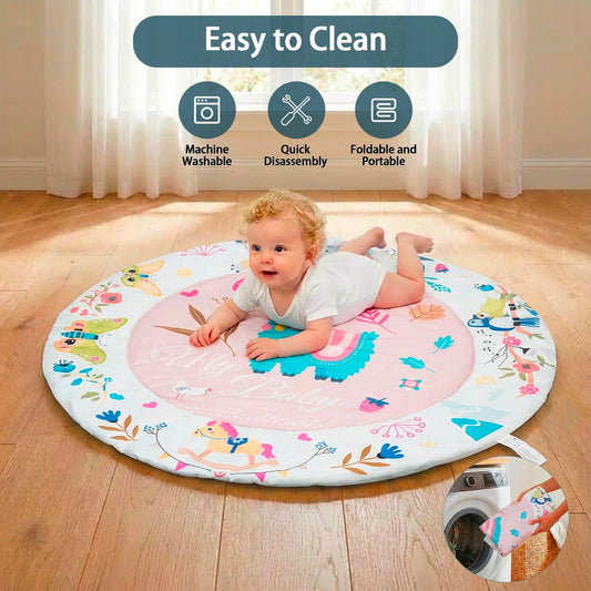 MFSLOVE Baby Play Mat and Activity Gym, Colorful Animal Design with 5 Hanging Toys, Interactive Floor Mat for Infants, Round Padded Playmat for 0-12 Months(Llama)