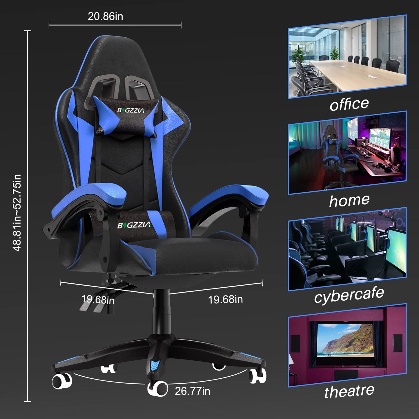 bigzzia Ergonomic Gaming Chair - Gamer Chairs with Lumbar Cushion + Headrest, Height-Adjustable Office & Computer Chair for Adults (without footrest, Blue)