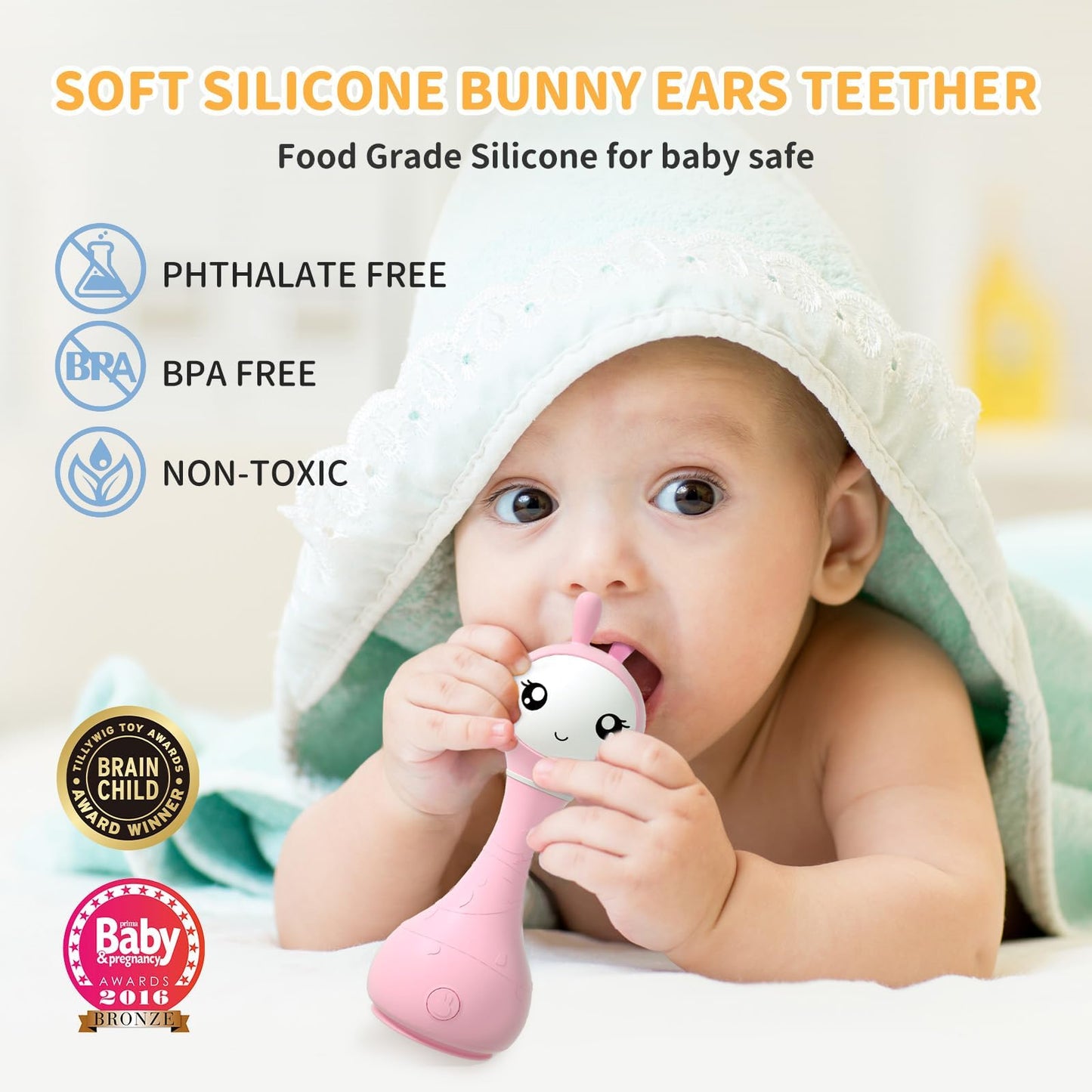Pink Alilo Smarty Bunny baby rattle with musical lights, sensory toys for infants, featuring 4 music modes and color recognition.