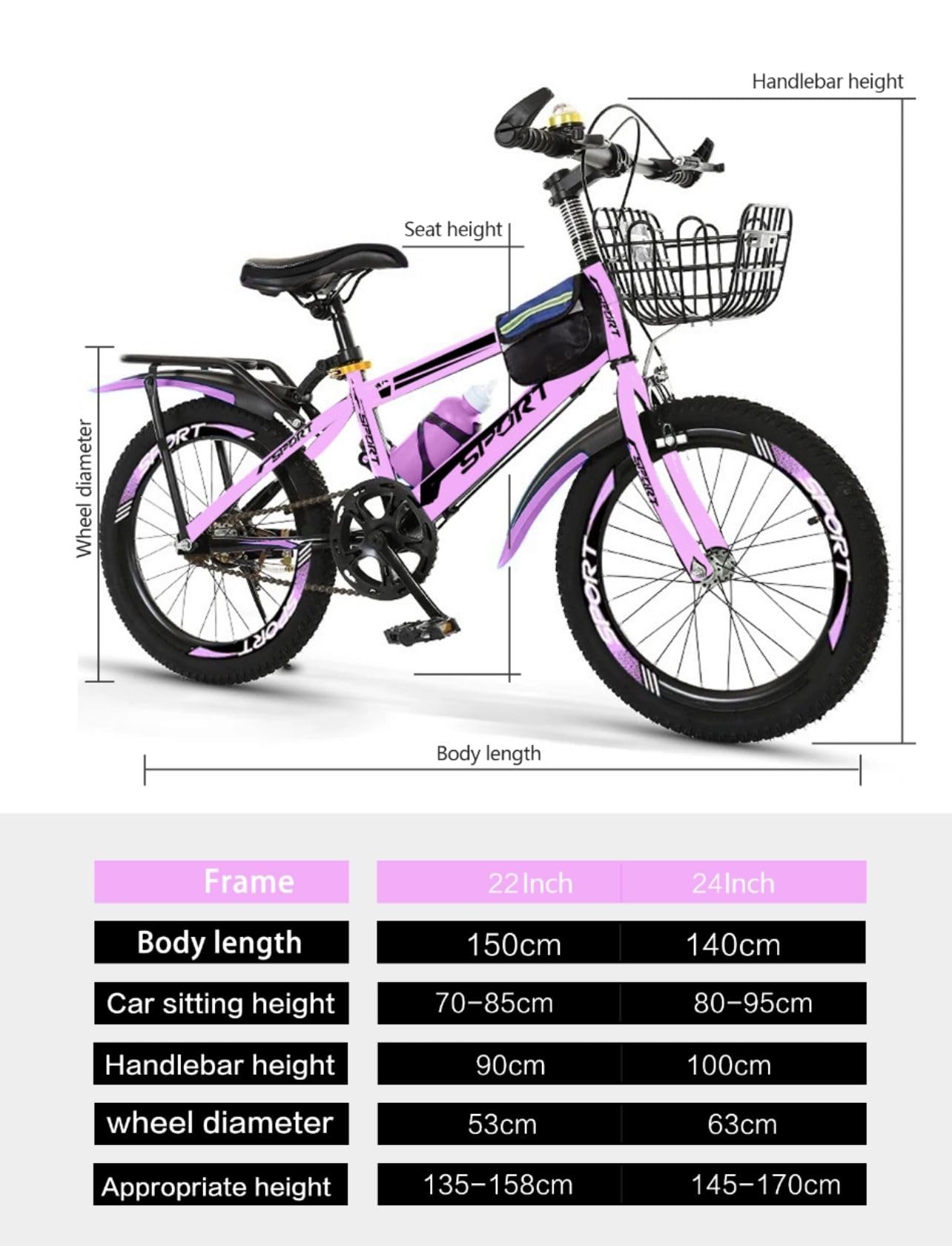 Purple Girls Mountain Bike - 24 Inch, Height Adjustable, Double Brake, Tool Kit Included for 6 to 12 Year Old Girls