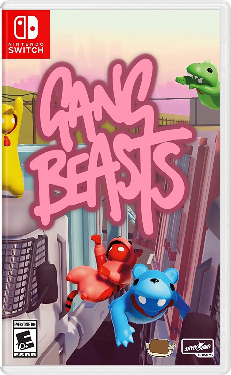 Nintendo Switch game cover for Gang Beasts by Skybound Games, featuring colorful cartoon characters in a playful fight scene.