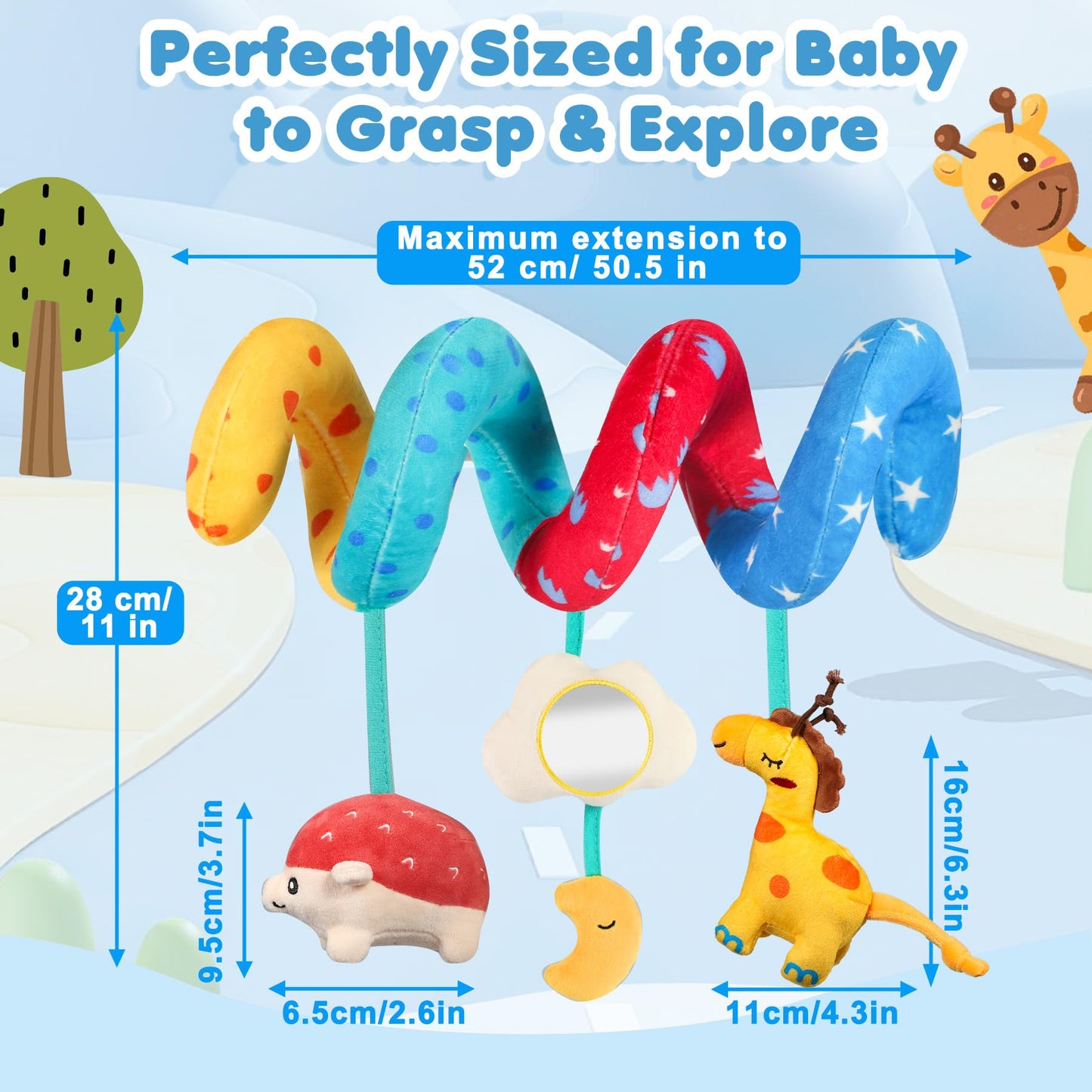 URMYWO spiral pram toy in black and white, featuring giraffe and hedgehog rattles for newborns, sensory stimulation for 0-12 months