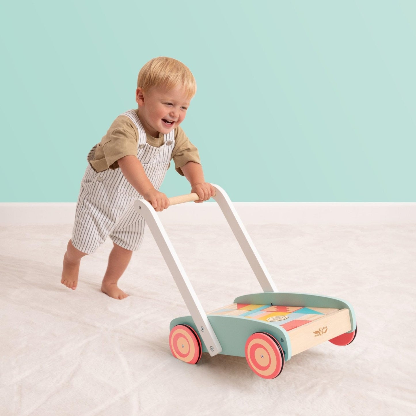 Owl & Fox Wooden Baby Walker with 29 Assorted Colourful Blocks, Traditional Push Along Early Development & Activity Toy, Sustainably Sourced, for Ages 12 Months+