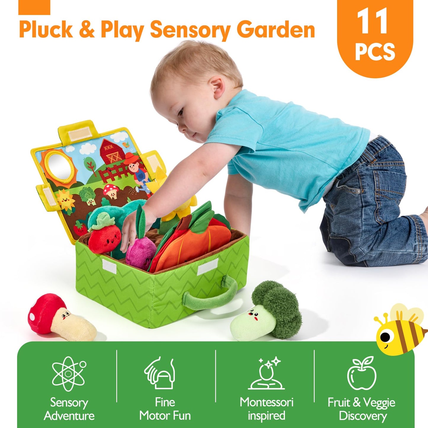 Montessori sensory plush garden toy with fruits, vegetables, rattles, and textures for babies 6-12 months by hahaland.