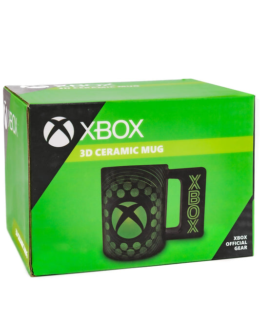 Black Xbox ceramic mug with green gaming console logo and handle, 16oz capacity, ideal for gaming fans and homeware.