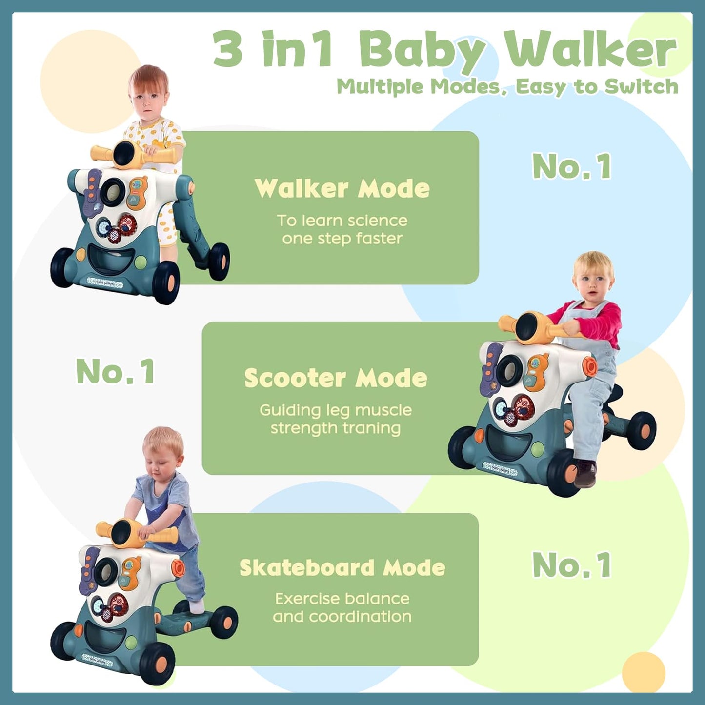 Blue Forroby 3-in-1 baby walker with music, activity panel, and adjustable speed for toddlers, sitting and standing modes.