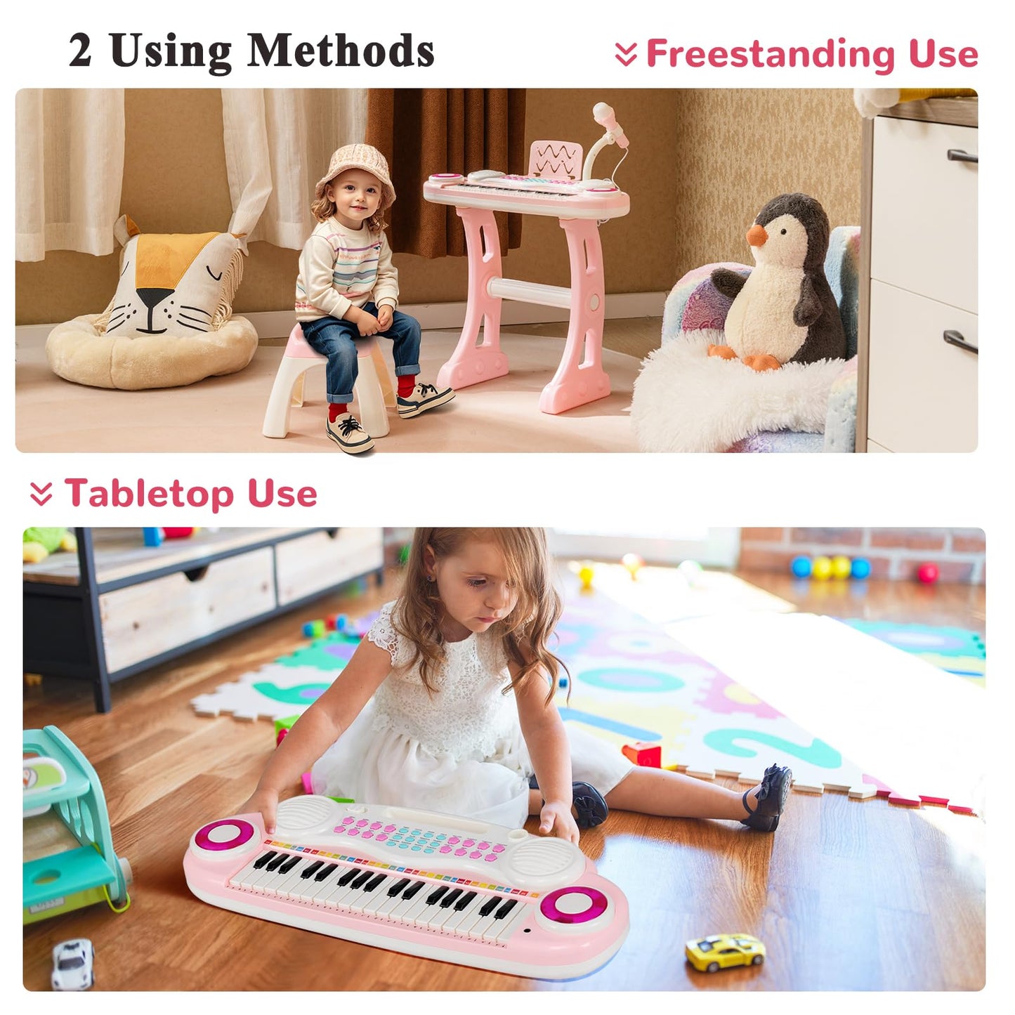 Pink Maxmass 37-key kids electronic piano keyboard with stool, microphone, flashing lights, music score, and record/playback features.