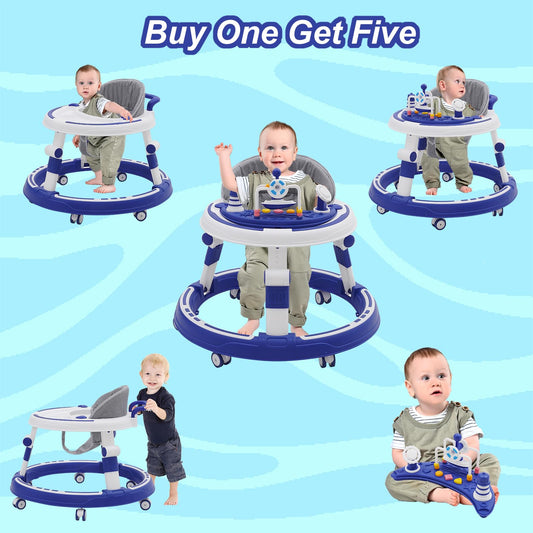 Foldable Maycoly baby walker with seat, foot pads, light, sound, and anti-rollover features, round-shaped push-along baby chair.