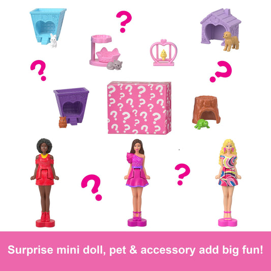 Mini Barbie Dreamhouse set featuring a 1.5-inch Barbie doll, furniture, accessories, elevator, and pool.