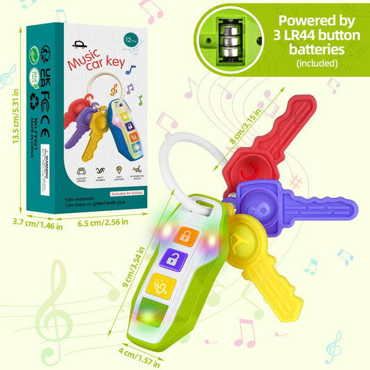 Green baby teething toy shaped like car keys with lights and music, designed for sensory learning and fine motor skill development.