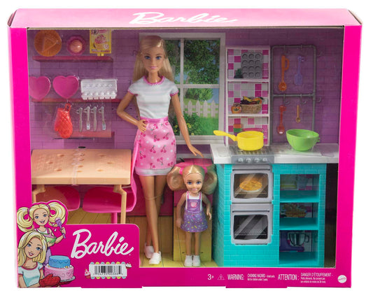 Barbie Sisters Baking Playset featuring Barbie and Chelsea dolls with kitchen pieces and dining set accessories.