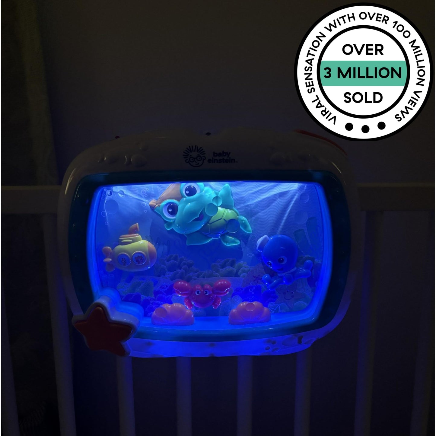 Baby Einstein Sea Dreams Soother crib toy with remote, calming lights, melodies, and sleep aid features for newborns and infants.