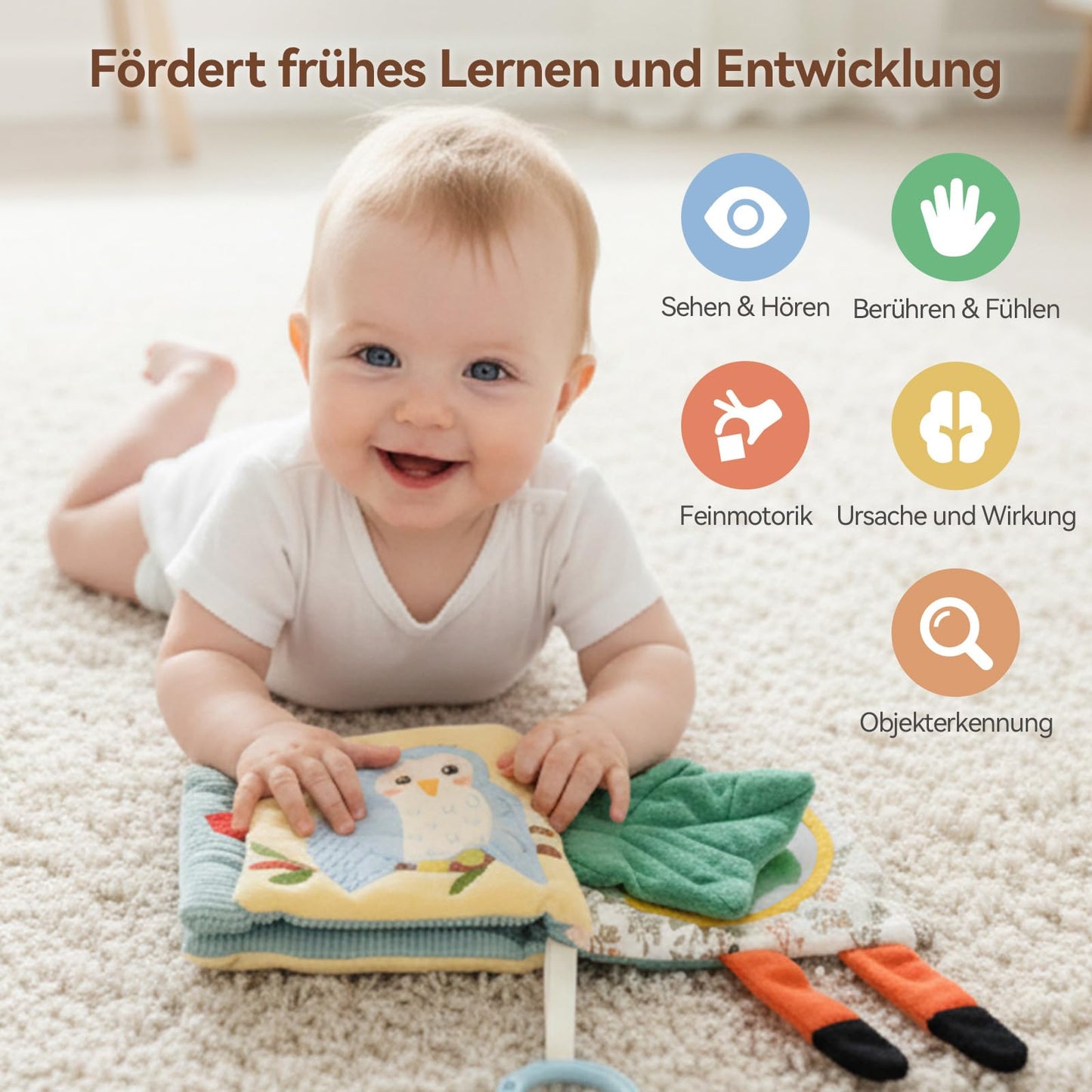WOODEN TEETHER Baby Soft Books 0-6 Months, Touch and Feel Crinkle Cloth Activity Books - Sensory Books Toy with Mirror for Newborns 0 3 6 12 Months, Car Seat Gifts for Infants Girls Boys