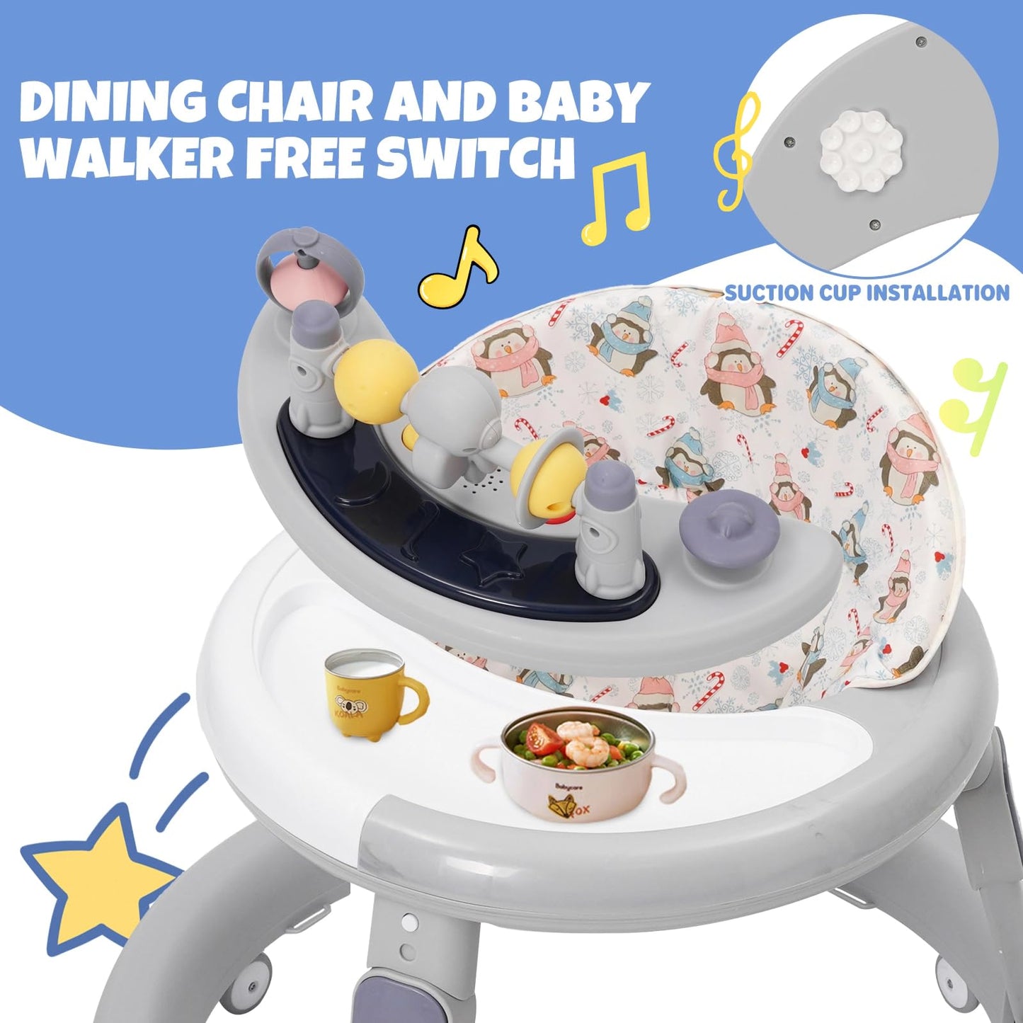Foldable 3-in-1 baby walker from EULEUY with adjustable height, 360° wheels, dinner tray, and activity center for toddlers.
