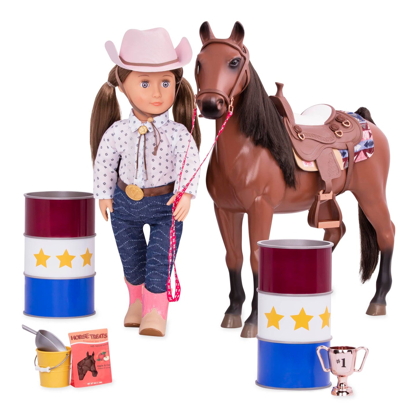 Our Generation horseback riding set with saddle, cowgirl hat, and accessories for 18-inch dolls and pretend play.