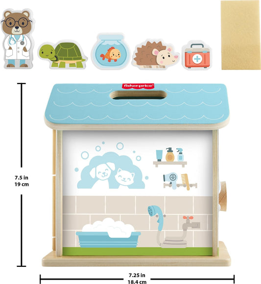 Fisher-Price Wood Pretend Play Toy Pet Hospital Set, 6-Piece Wooden Animal Playset for Travel Preschool Kids Ages 3+ Years, JFG07