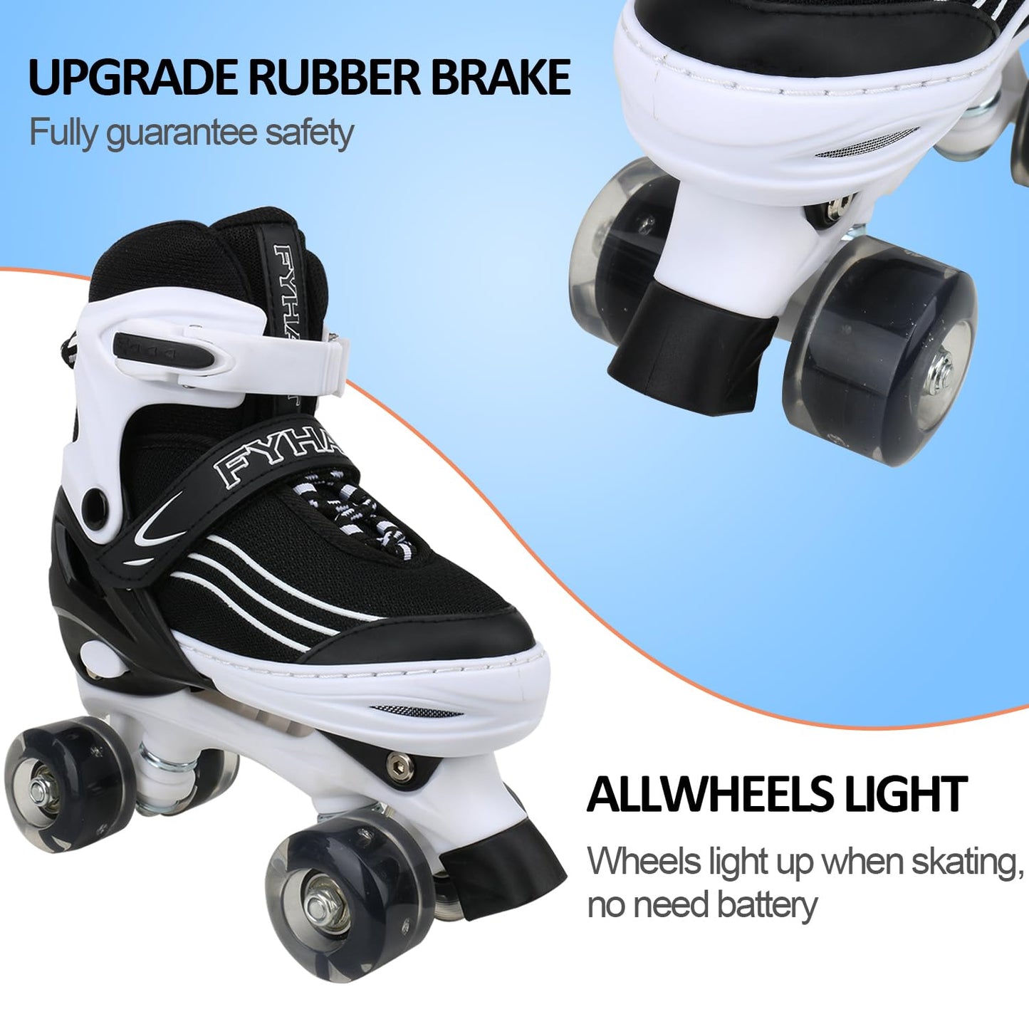 Kids MGYZM adjustable roller skates with light-up wheels, white and black, suitable for indoor and outdoor use, size UK 1-4.