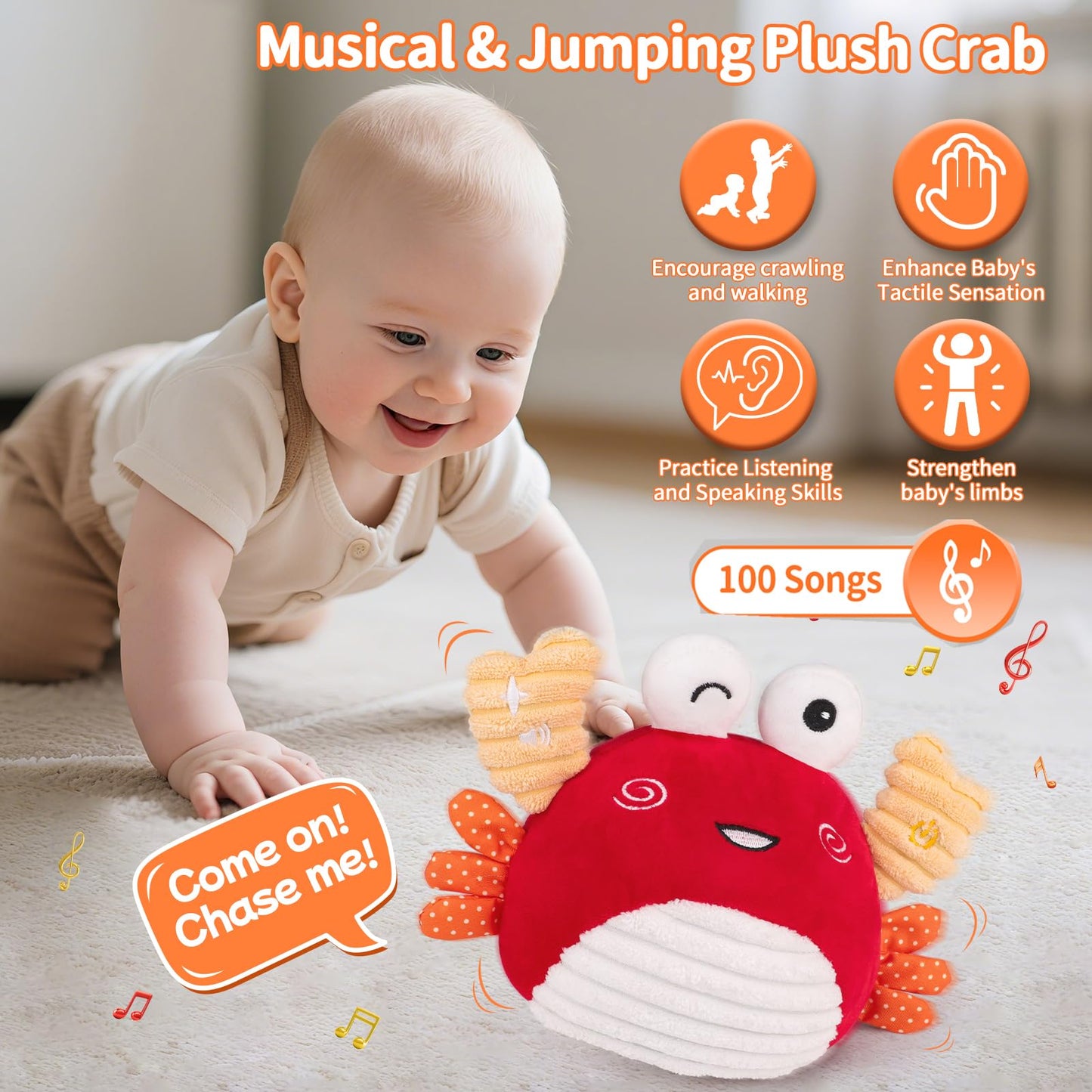 nicknack Crawling Crab Baby Toy 6 to 12 Months, Musical Dancing Crab Sensory Plush Toddler Toys for Babies 1 2 Year Old Boy Girl Birthday Gifts - Adjustable Volume,100 Songs & Recording Feature